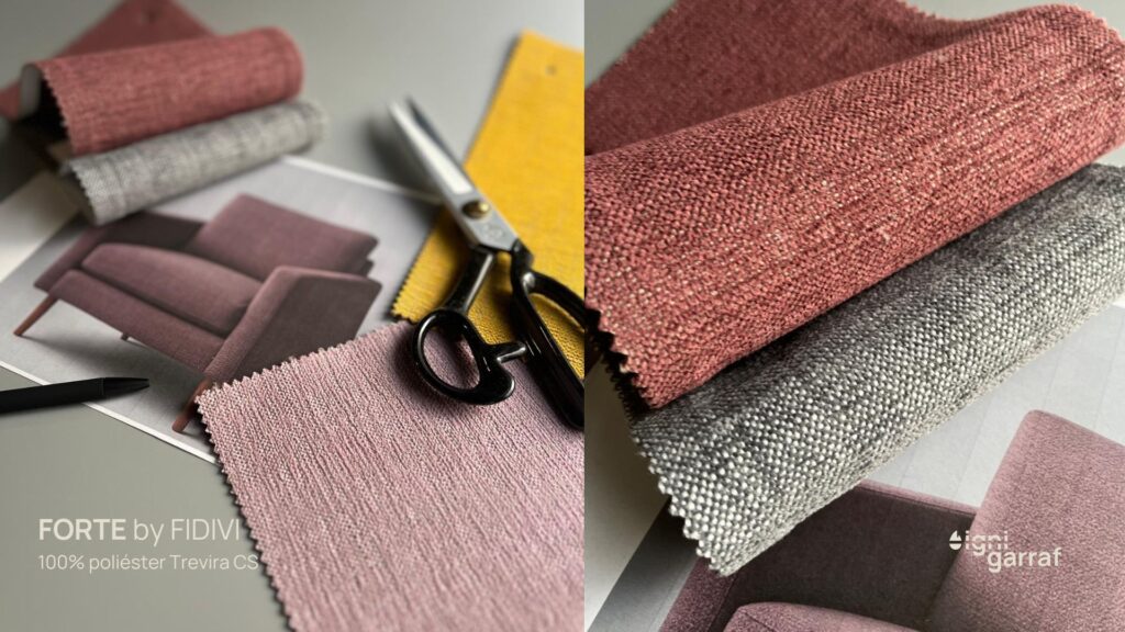 FORTE: tejido 100% poliéster Trevira CS. Disponible en 28 tonos